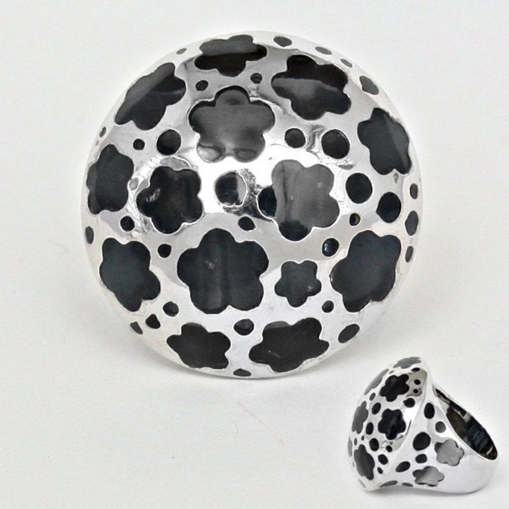 Black Enamel & Flower Rhodium Statement Dome Ring Size 8